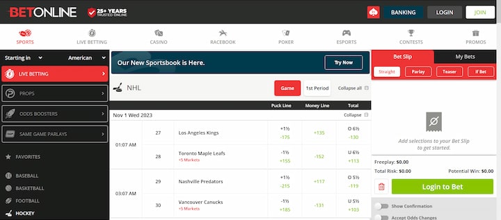 BetOnline NHL betting section