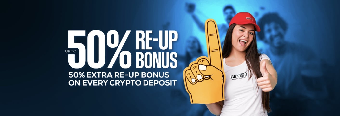 A screenshot of the banner ad for the 50% re-up bonus ta BetUS