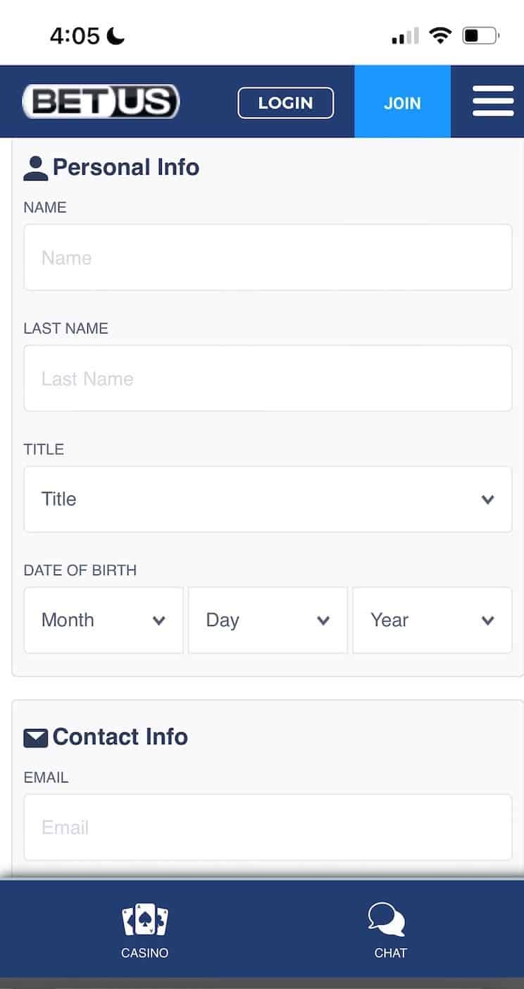 Enter personal details to sign up at BetUS.