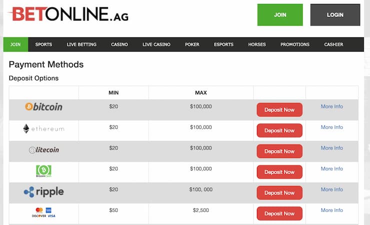 BetOnline features a range of deposit options