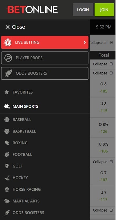 BetOnline Mobile Sports List