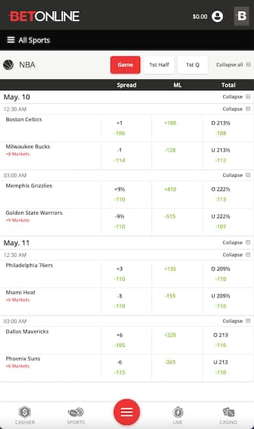 BetOnline New Hampshire Mobile NBA Betting Markets