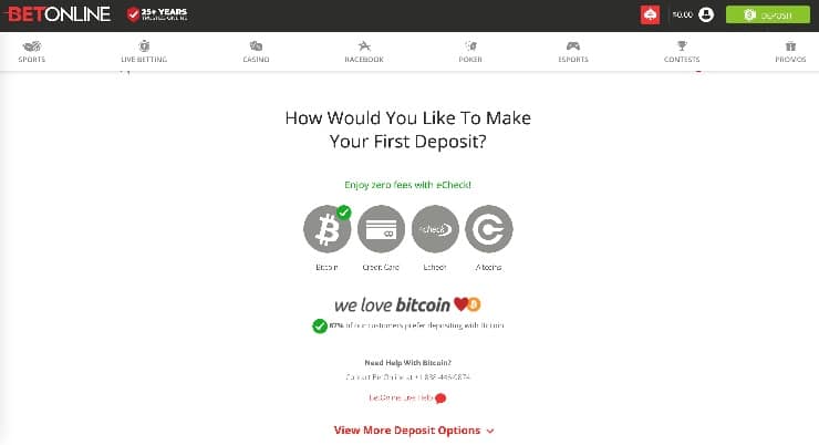BetOnline deposit options section