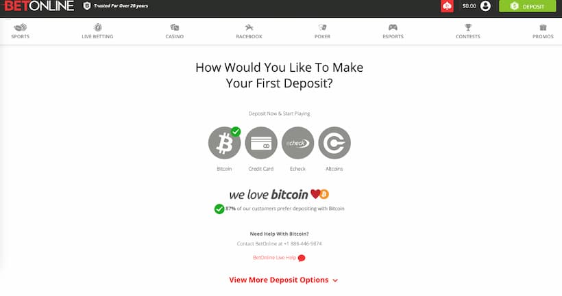 BetOnline deposits section