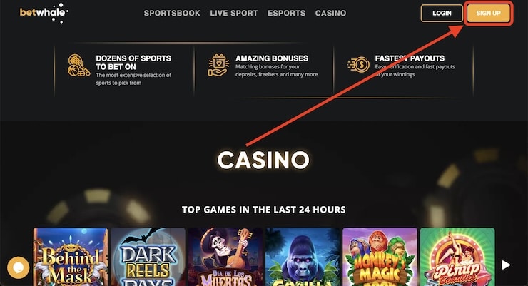A screenshot of the homepage at the gambling site BetWhale with the Sign Up button highlighted
