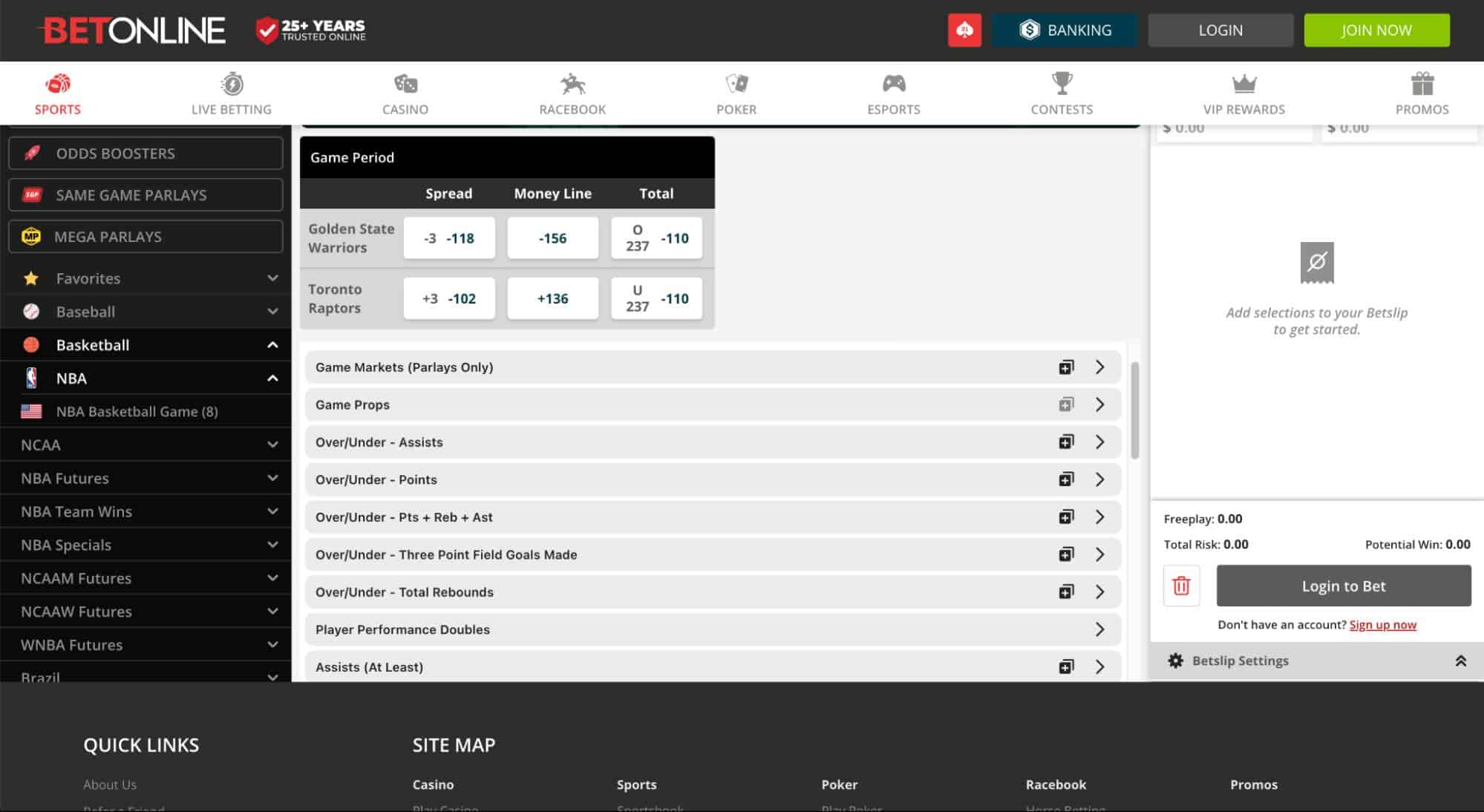 A screenshot with NBA betting options available on BetOnline