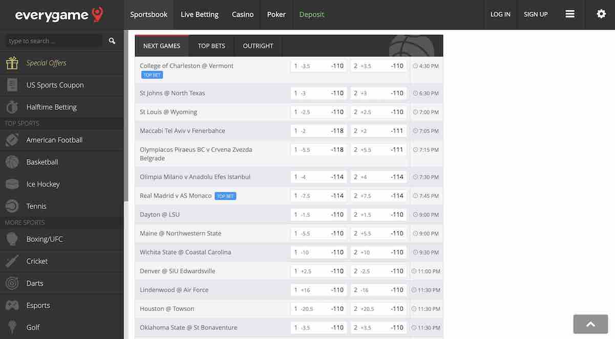the best MO online sports betting sites - a screenshot of the Everygame sportsbook basketball page