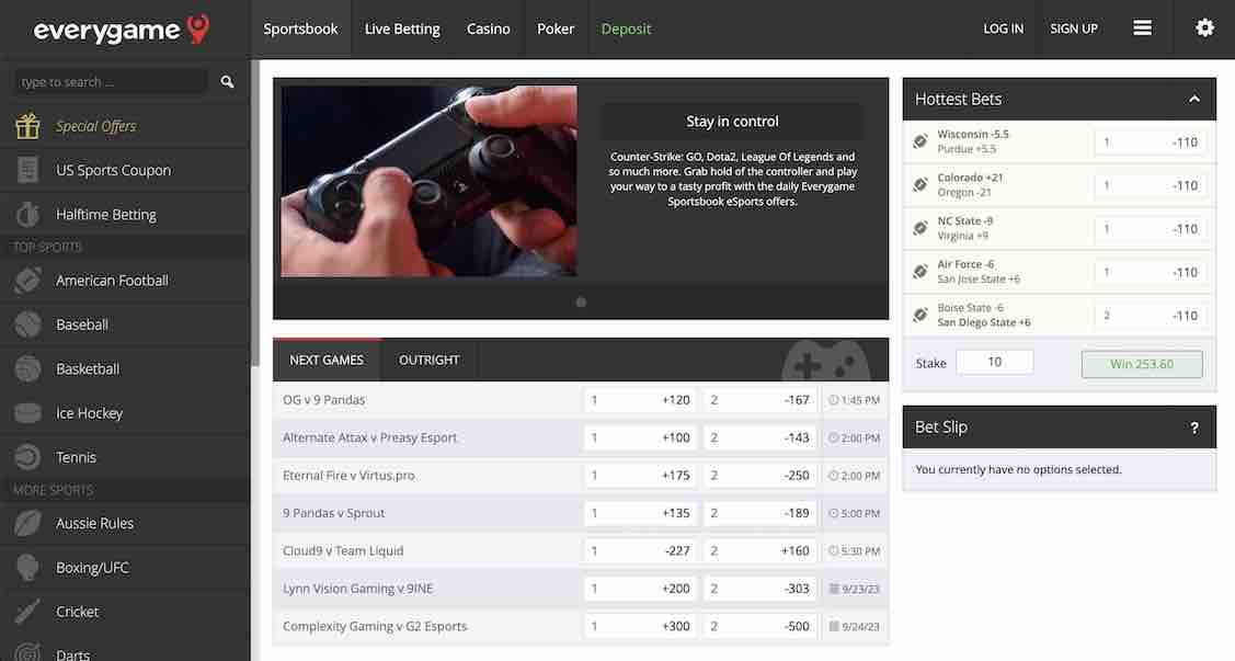 A screenshot of the Everygame live betting page