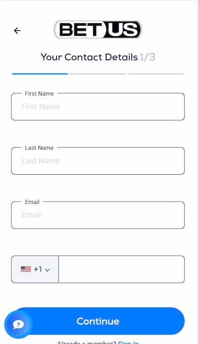 BetUS app sign up step 2