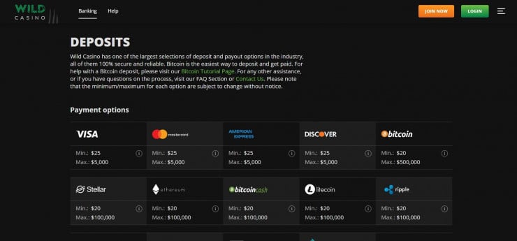 Wild Casino offers a wide range of banking methods for deposits