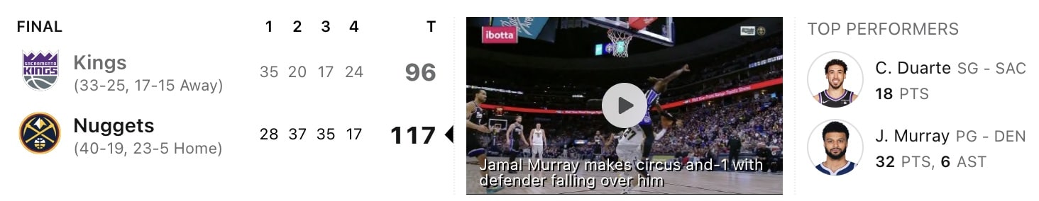 A screenshot with statistics from the game between the Sacramento Kings and the Denver Nuggets
