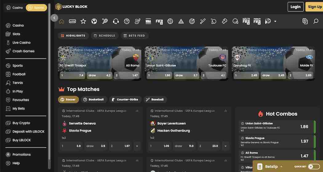 A screenshot of the Lucky Block sportsbook homepage