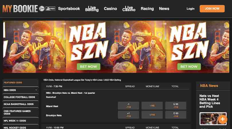 A screenshot of the MyBookie sportsbook basketball page