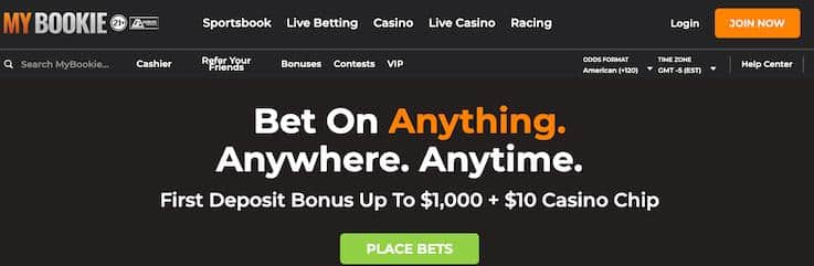 A screenshot of the the MyBookie gambling platform homepage