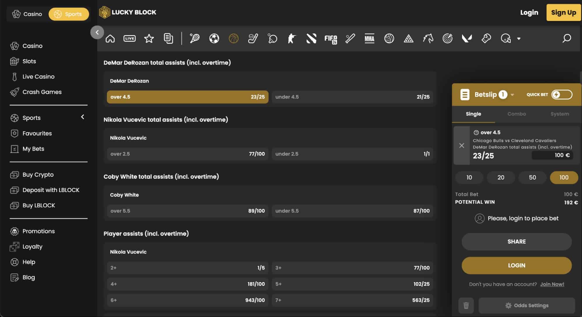 A player prop bet on the NBA at the Lucky Block sportsbook