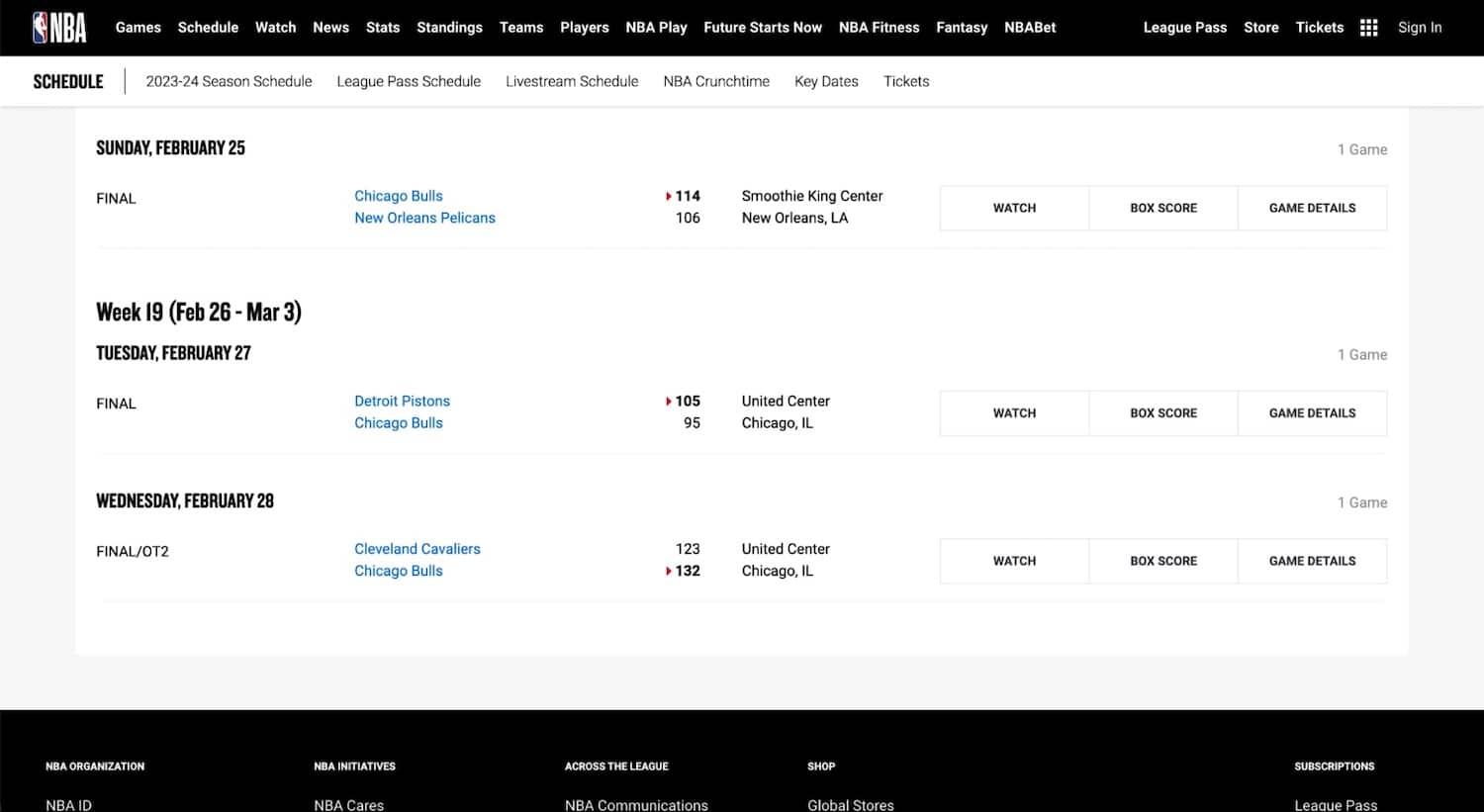 A screenshot displaying the results of three Chicago Bulls matches in four days