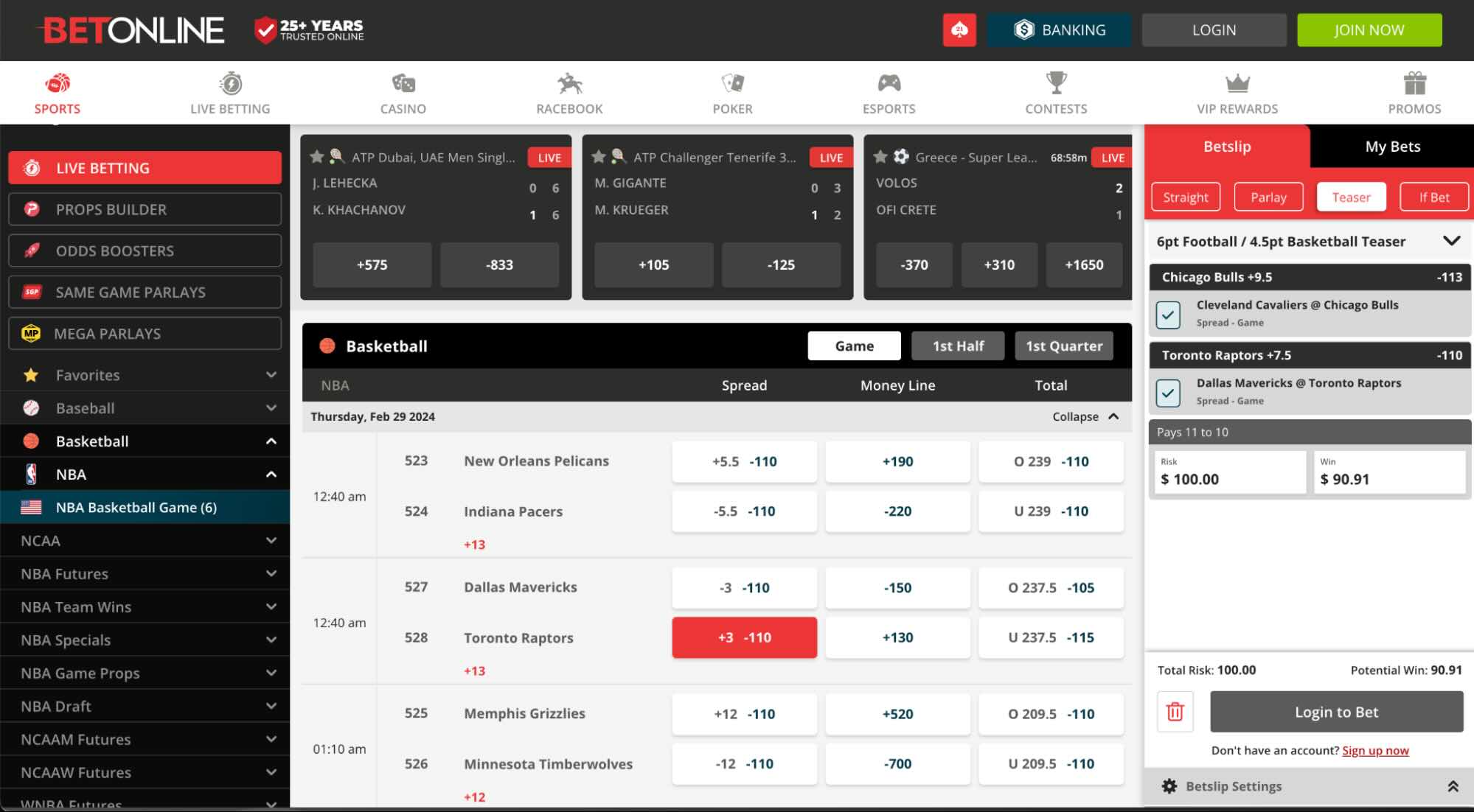 An NBA teaser at the BetOnline sportsbook