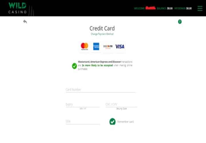 Banking screen at Casino webpage. 