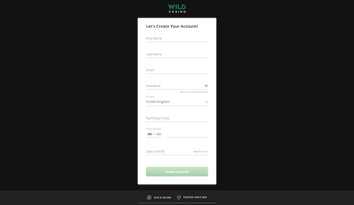 Wild Casino Sign-Up Form