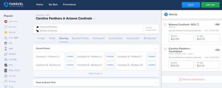 fanduel arizona NFL lines