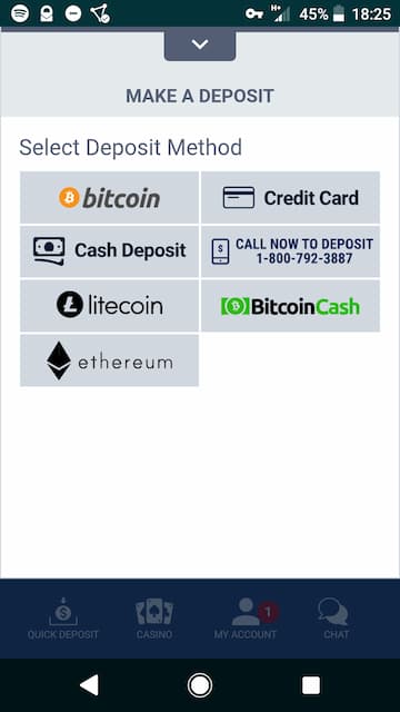 Deposit screen at BetUS