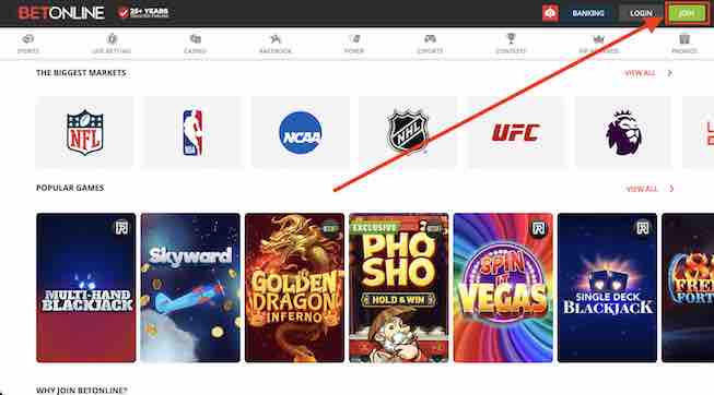 A screenshot of the BetOnline homepage with the "Join" button highlighted