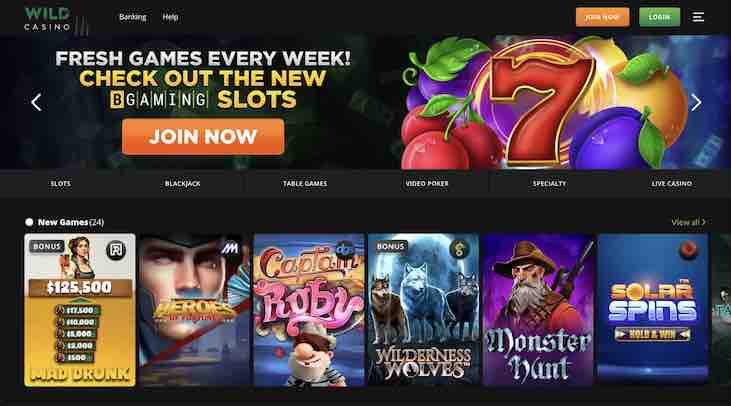A screenshot of the Wild Casino homepage with a selection of games that were new to the library at the time