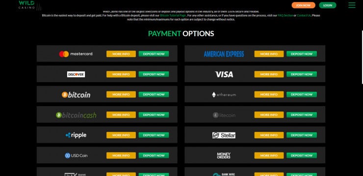 Wild Casino banking section