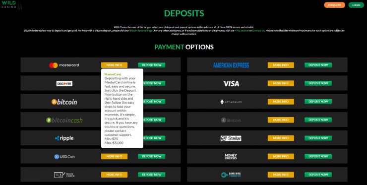 Wild Casino banking options