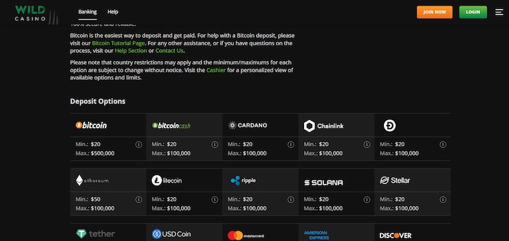 Wild Casino Deposit Method Selection