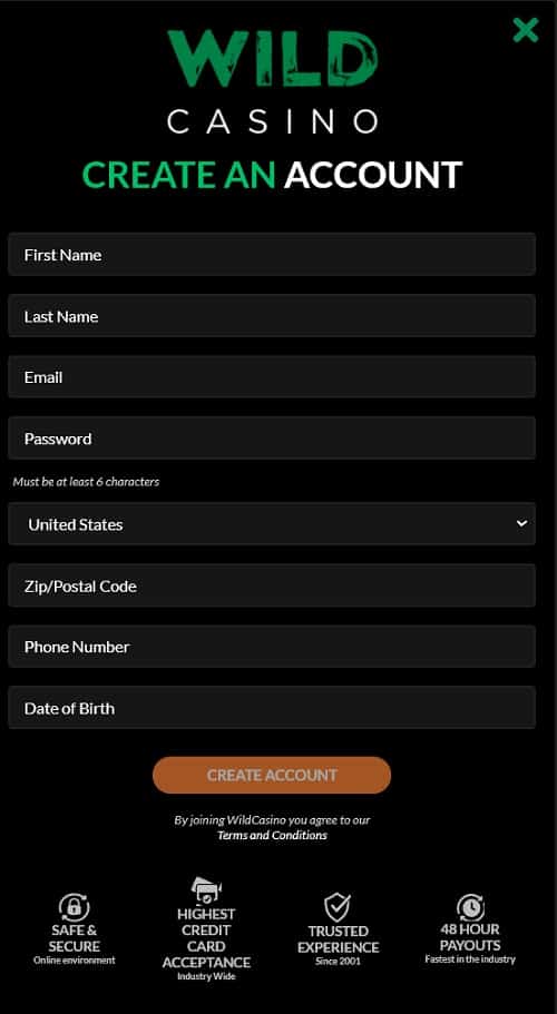 Wild Casino Registration Form