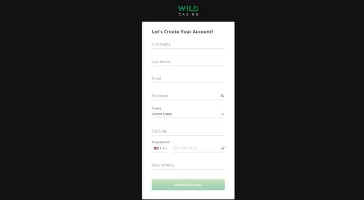Wild Casino Sign Up form