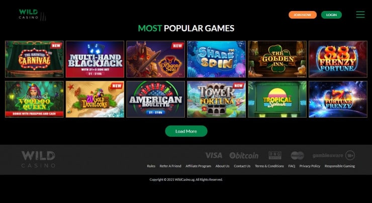 wild Casino homepage. 