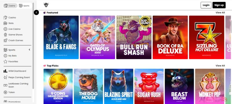 WSM Casino - a fast payout casino with a games section covering top slot picks