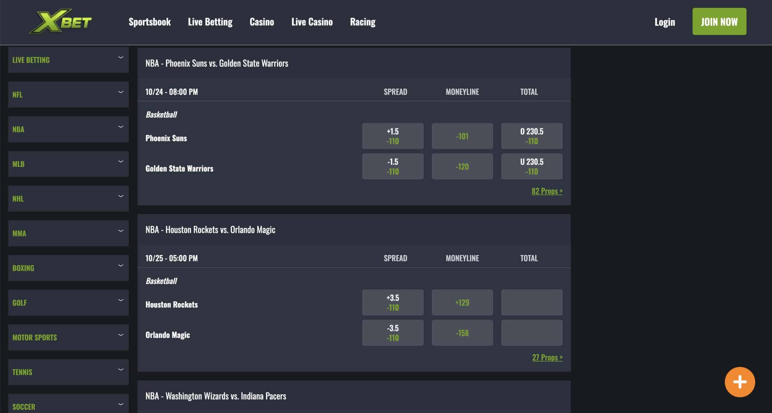 A screenshot of the NBA page on the XBet sports betting site